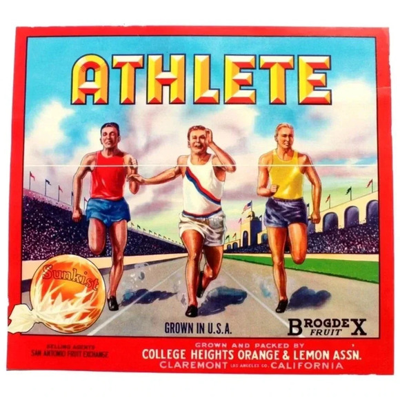 Vintage Original Athlete Olympics Sunkist Claremont CA Fruit Crate Label NOS - Picture 1 of 2